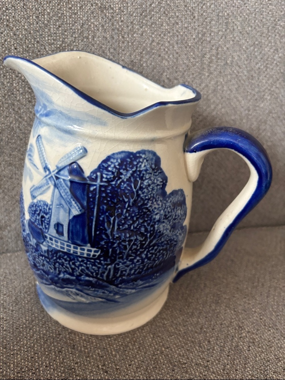 Blue and White Ceramic Pitcher with Windmill Scene - Unbranded